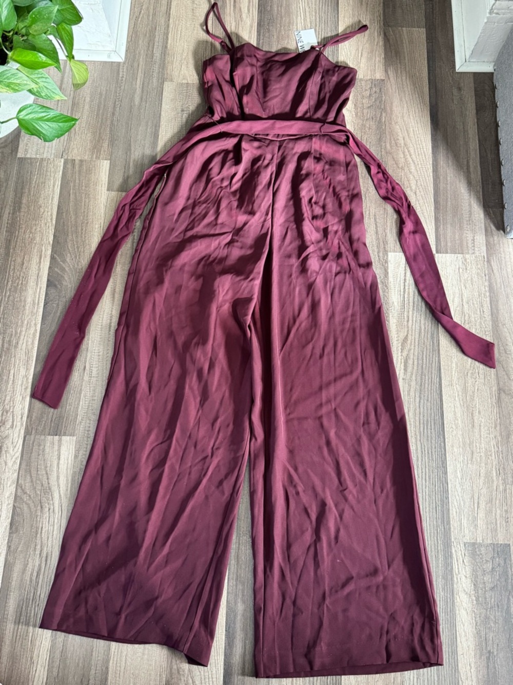 Nine West Burgundy Spaghetti-Strap Wide-Leg Jumpsuit with Tie Waist